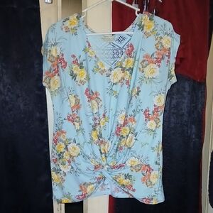 Bobbie Brooks Light Blue Floral Twist Blouse